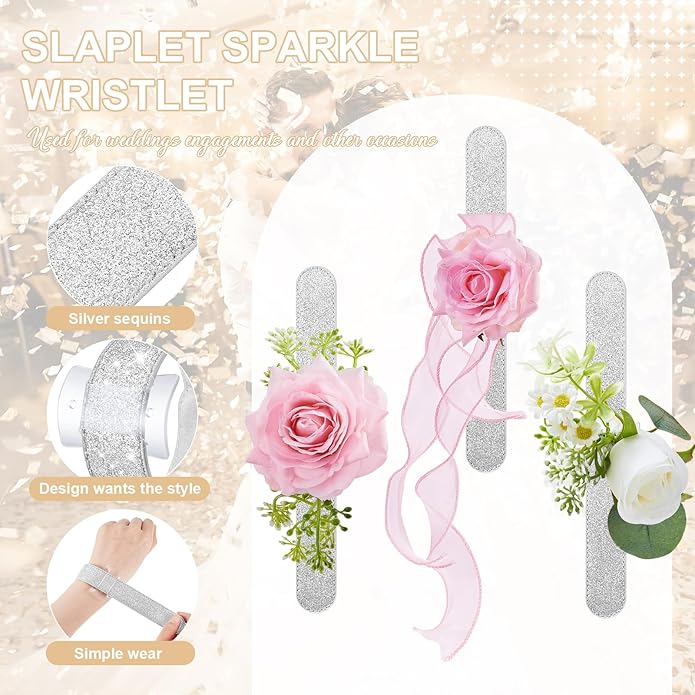 6 Pieces Slaplet Wrist Corsage Bracelets Wristlet Band Floral Corsage Slaplets Wedding Bracelets DIY Wrist Accessories for Bridesmaid Bridal Shower Party Prom
