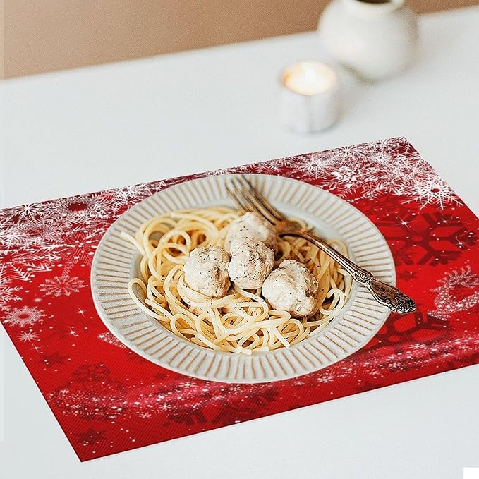Christmas Elk Placemats Cartoon Red Festive Christmas Snowflake Gift Bell Beautiful Deer Placemats Table Kitchen Dining Party 12x18 Inch Set of 6