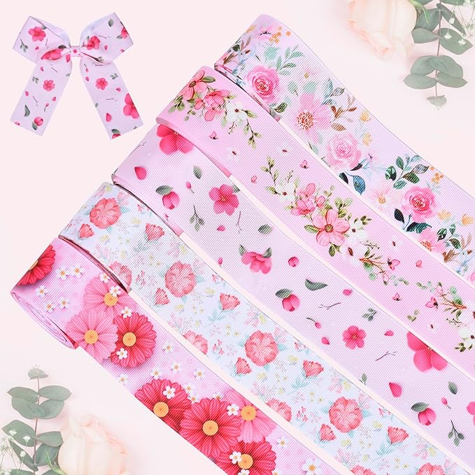 Floral Grosgrain Ribbon, 5 Rolls Flower Pattern Ribbon Spring Summer Fabric Decorative Craft Ribbon Roll for Gift Wrapping Decor Hair Bow Sewing Wreath Crafts (Pink Floral, 1-1/2Inch X 20Yards)
