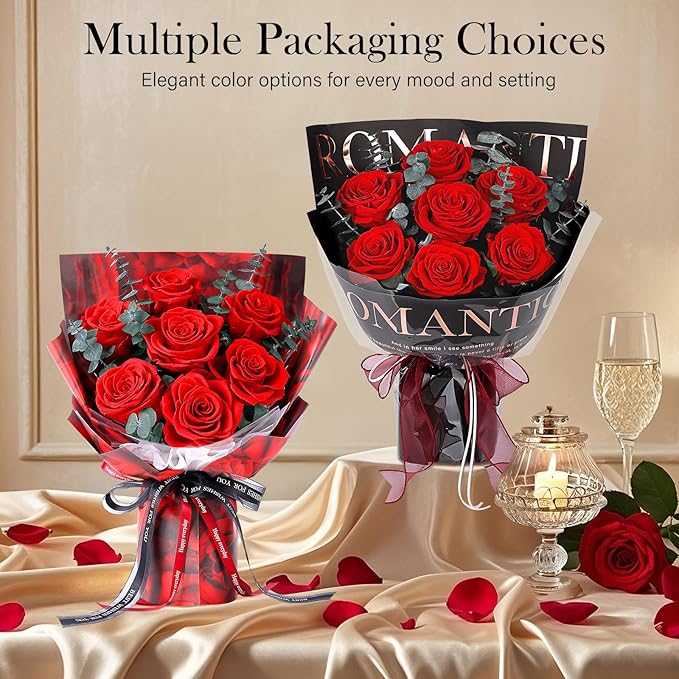 Preserved Flowers Bouquet 7 Roses - Red Real Rose & Flowers for Delivery, Long-Lasting Flower with Gift Box, Eternal Roses Bouquet for Mothers, Mom, Wife, Anniversary Birthday Gifts for Women, Black