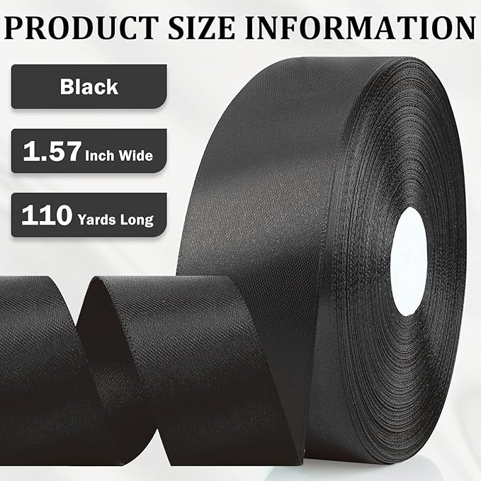 XSEINO 110 Yards Ribbon,1 1/2 Inch Black Satin Ribbon for Flower Bouquet, Gift Wrapping, Ribbons for Crafts, Hair Bows Making, Wedding Party Decoration, Sewing, Invitation Cards, Christmas