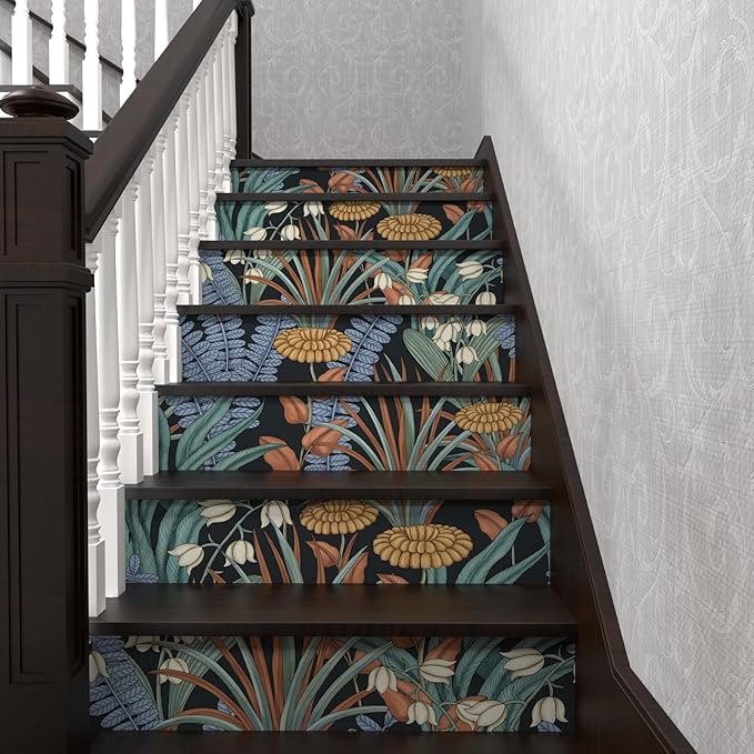 Boho Floral Wallpaper Peel and Stick, Vintage Botanical Wall Paper, Self Adhesive Wall Mural 17.5" x 78.7" Tropical Retro Contact Paper Waterproof for Bedroom Walls Cabinet (Black, Orange, Blue)