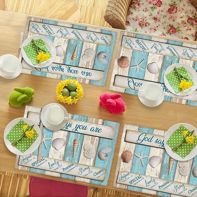 Coastal Seashell Placemats Set of 6 Ocean Nautical Table Mats Washable Place Mats for Home Party Indoor Kitchen Dining Table Decoration 12x18 Inch
