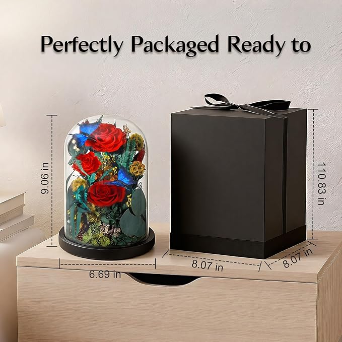 Preserved Rose with Butterfly, LED Forever Flowers in Glass Dome, Eternal Flowe for Women, Birthday Gifts for Mom Friend, Includes Greeting Card & Luxury Gift Box (Red)