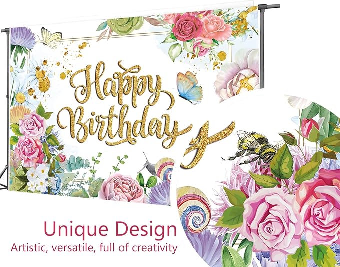 Flower Decoration Backdrop for Women Girl Birthday Party Spring Butterfly Happy Birthday Photography Background Greenery Pink Wildflower Banner 7x5ft