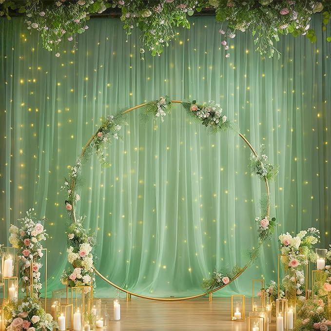 20ft x 10ft Green Backdrop Curtain with Lights String for Parties, Sheer Tulle Wedding Photo Backdrops Drapes for Baby Shower Birthday Party Decorations Background for Photography