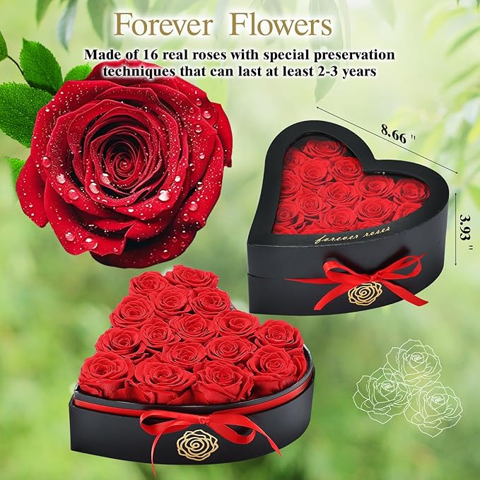 16 Forever Flowers in Heart Shaped Box - Preserved Roses Romantic Gifts for Her, Valentine’s Day, Anniversary, Wedding (Red)