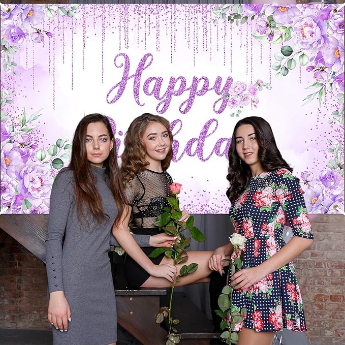 Avezano Happy Birthday Backdrop Banner for Girls Women Happy Birthday Party Decorations Floral Glitters Bday Banner Party Supplies (Purple, 6x3.6ft)