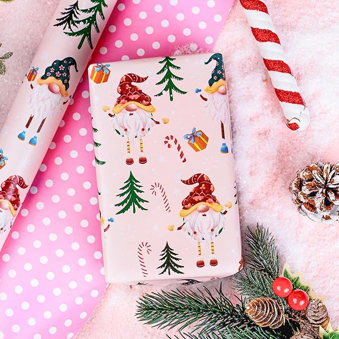 MAYPLUSS Christmas Wrapping Paper - 17 Inch X 33 Feet - Metallic Gift Wrapping Paper Christmas Tree Holly Cute Gnome Candy Cane Snowflakes Reversible Polka Dot for Holiday Party New Year Kids