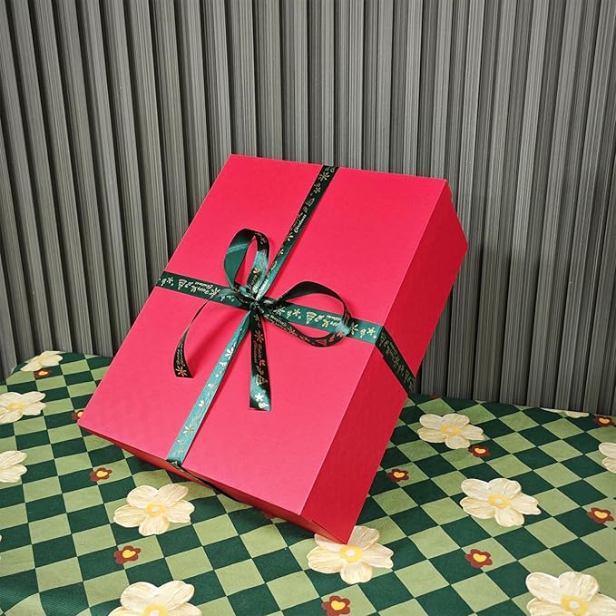 YINUOYOUJIA Large Gift Boxes with Lids 16.5x13x5.5 inches,Boxes for Christmas Presents,Contains Card,2 Roll Ribbons,Shredded Paper Filler.（Red