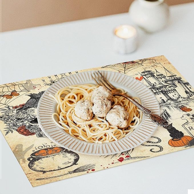 Halloween Placemats Vintage Rustic Farmhouse Gothic Dark Castle Halloween Witch Pumpkin Black Cat Raven Skull Moths Placemats Table Kitchen Dining Party 12x18 Inch Set of 6