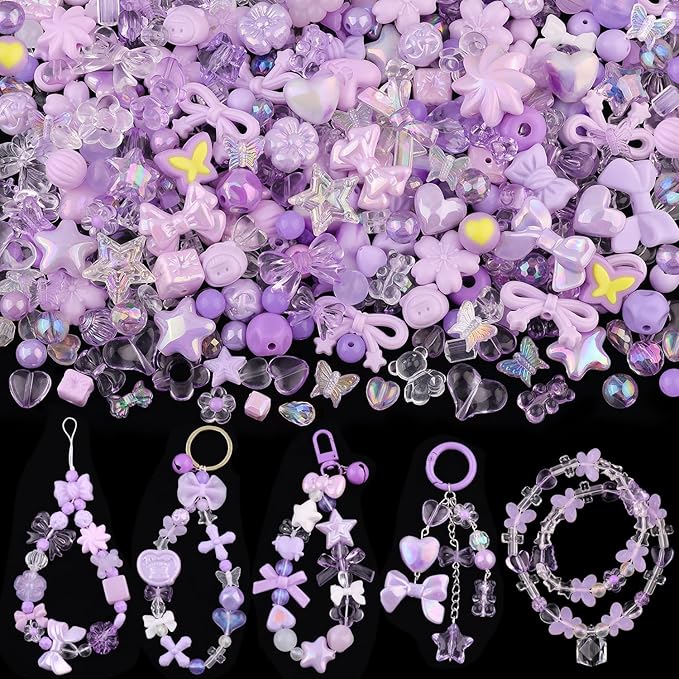 Assorted Acrylic Beads, 200-260PCS Purple Cute Beads for Bracelet Making, GummyBear Bow Flower Candy Kawaii Charms for Jewelry Making DIY Necklace Keychain Phone Charm Christmas Gift