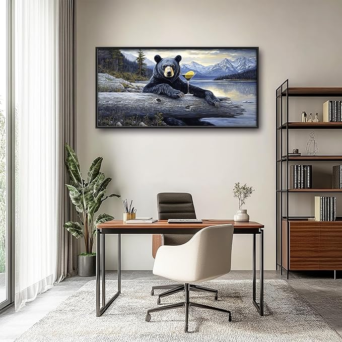 Forest Bear Large Decor Framed Wall Art Mountain Lake Cabin Pictures for Living Room, Black Bear Oversized Canvas Print Painting Modern Extra Large Framed Artwork for Bedroom Office 60"x30"