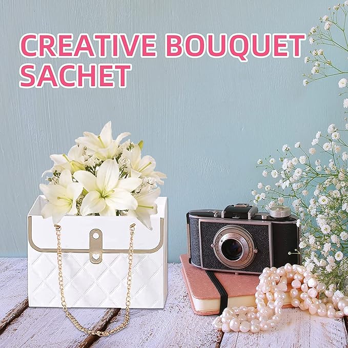 NADUSEP 4 PCS Flower Paper Gift Box, Bouquet Storage Bucket Florist Handbag with Metal Chain, Gift Craft Wrap Bag for Wedding Party Valentine's Day Birthday Mother's Day Bridal Shower Gift Wrap Bags (White Pink)