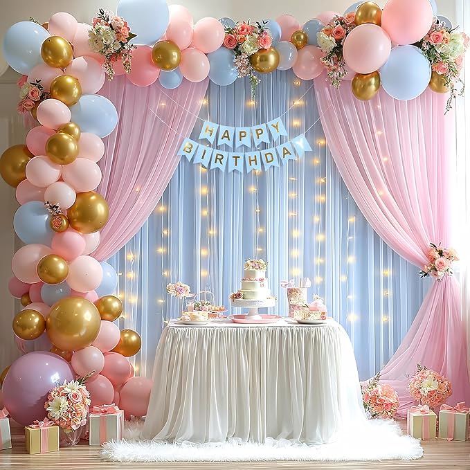 10x10ft Pink Blue Tulle Backdrop Curtain with Lights String for Parites, Sheer Backdrop Curtains for Wedding Baby Shower Birthday Party Photo Shoot Decorations