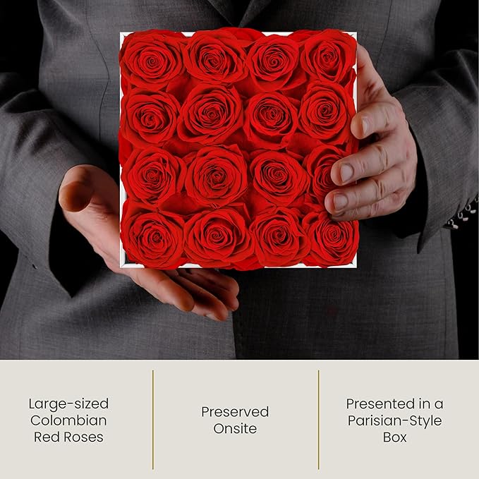The Eternity Rose 16-Piece Preserved Roses in a Luxury Gift Box – Real Roses in Square White Box – A Valentine’s Gift as Everlasting as Your Love