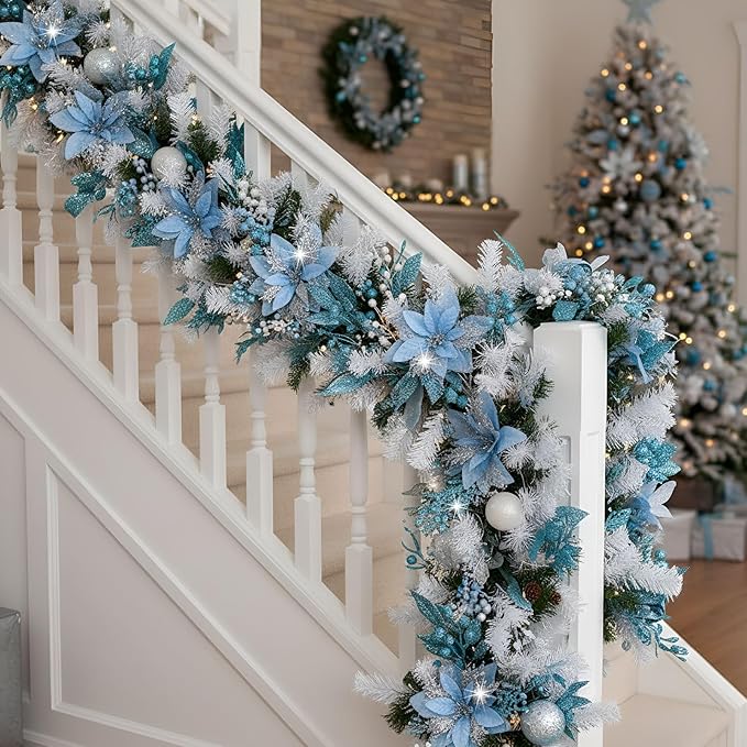 60 Pcs Christmas Glitter Branches 6 Styles Artificial Christmas Picks Berries Stems Poinsettia Flowers Pine Needles Floral Twig Spray for Xmas Tree Ornaments DIY Wreath Garland(Light Blue)