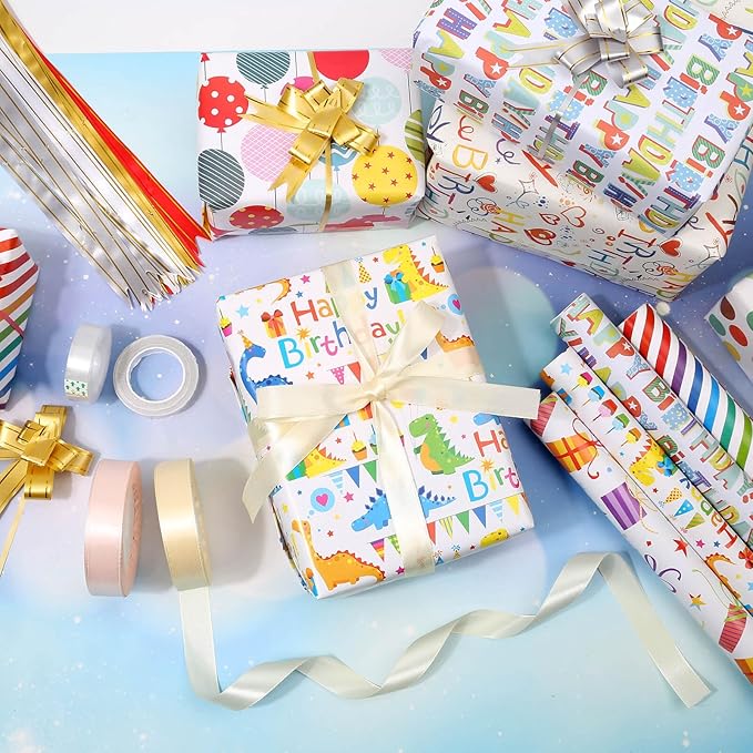 Tidponra Birthday Wrapping Paper Sheets Set, 14 Sheets Folded Flat Gift Wrapping Paper with Ribbon, Bows and Tape for Party, 19.7 in. X 27.5 in. Per Sheet
