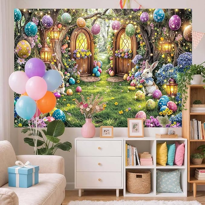 15X10ft Enchanted Forest Easter Backdrop Fairy Tale Rabbit Magic Garden Easter Egg Wonderland Floral Photography Background for Kids Girls Party Decoration Cake Table Photo Booth Props
