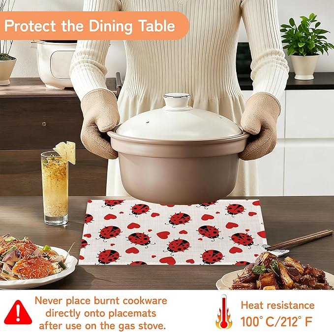 Ladybug Placemats Set of 6,Red Heart Dinner Table Mats Non-Slip Washable Mats for Kitchen Dinner Party Tablemat 12x18Inch