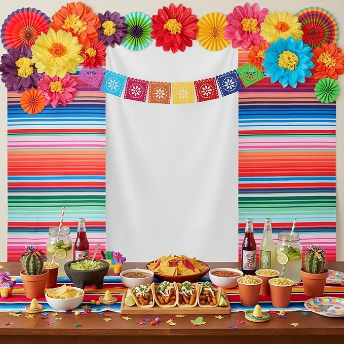 17 Pieces Mexican Party Decorations Set Mexican Paper Flowers Fiesta Ruffled Streamer Backdrop Papel Picado Banner Mexico Party Decorations for Hispanic Heritage Month , Cinco De Mayo Decor