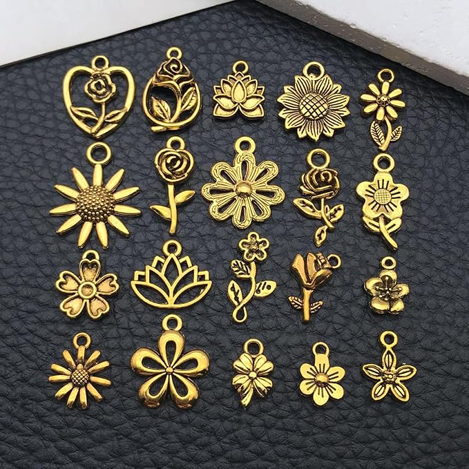 WOCRAFT 60pcs Antique Gold Flowers Bracelet Charms for Jewelry Making Sets DIY Necklace Bracelet Keychain Crafting Charms Kit Craft Supplies (SN876)