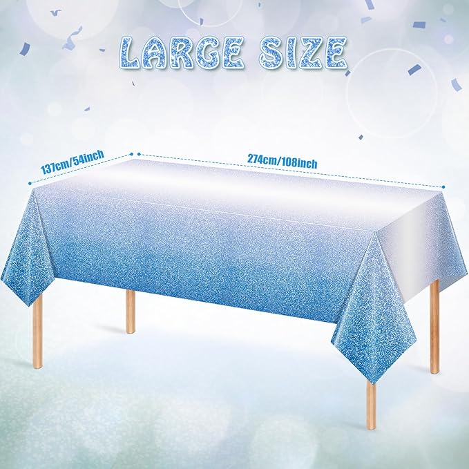FunnyPars 3 Pack Ombre Blue Plastic Tablecloth for Parties, Gradient Pastel Blue Disposable Tablecloths for Rectangle Tables, Sprinkle Table Cover for Wedding Birthday Anniversary Party, 54 x 108Inch