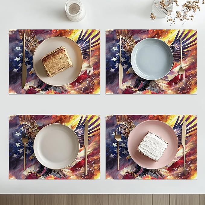 American Flag Placemats Set of 4 Washable Table Bald Eagle Heat-Resistant Cotton Linen Place Mats for Dining Table Kitchen Indoor Outdoor Party Holiday Decor