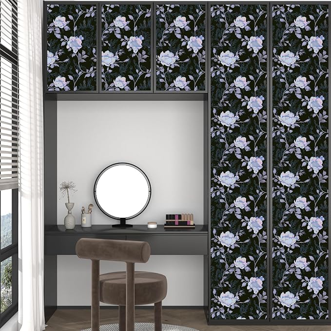 Black White Blue Floral Peel and Stick Wallpaper Flowers Contact Paper 17.5"x118" Self Adhesive Waterproof Vintage Dark Floral Wall Paper for Shelf Liner Cabinet Decor