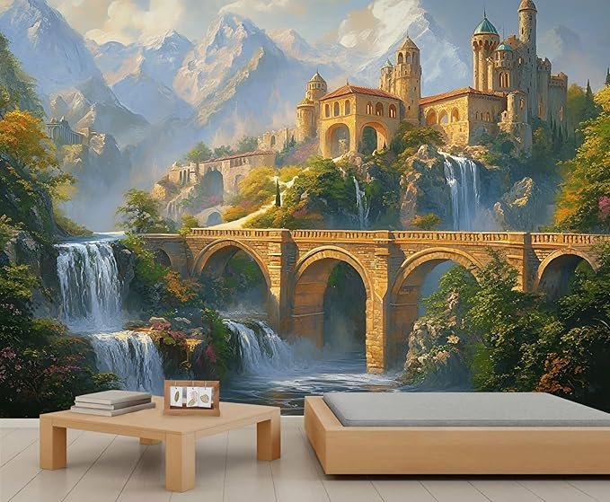 Fantasy Castle Wall Mural, Magical Waterfall Landscape 3D Wall Murals, Royal Palace Wallpaper Mural, for Living Room Bedroom Large Wallpaper Indoor Decor 78.7" W x55.1 H