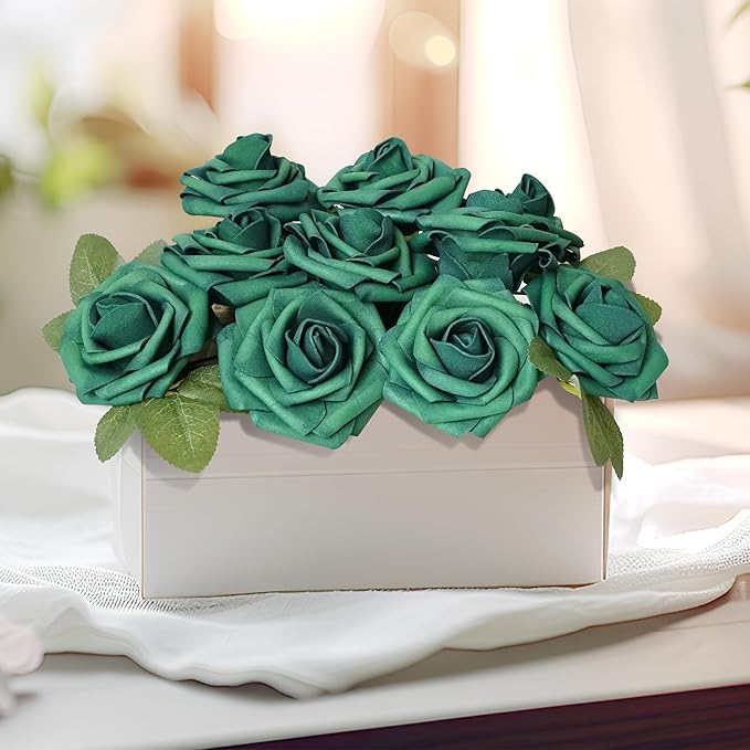 25pcs Dark Green Artificial Flower Foam Rose Real Touch Roses Flower Heads with Stem for DIY Wedding Bouquets Centerpieces Arrangements Party Baby Shower Home Decor (Dark Green)