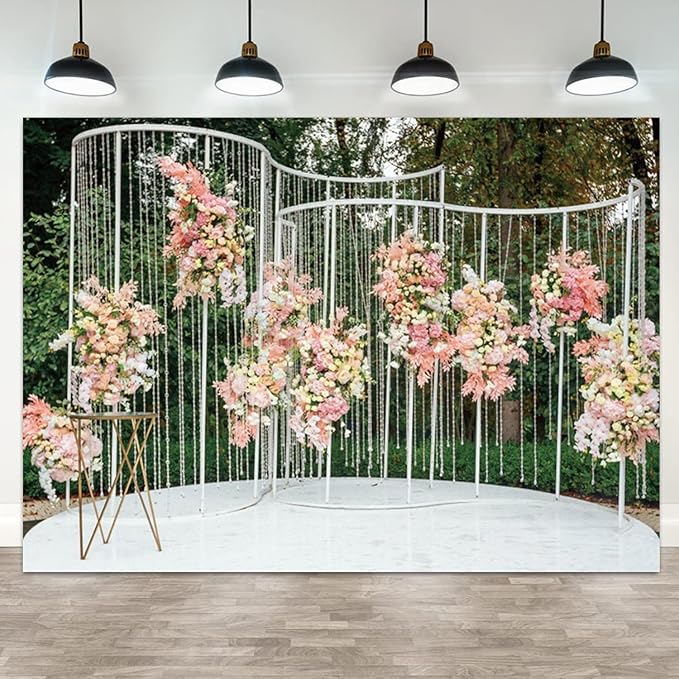 15x10ft Pink Floral Backdrop Green Leaves White Flowers Romantic Wedding Photography Background Natural Theme Birthday Banner Decorations Newborn Baby Shower Portrait Photo Booth Prop
