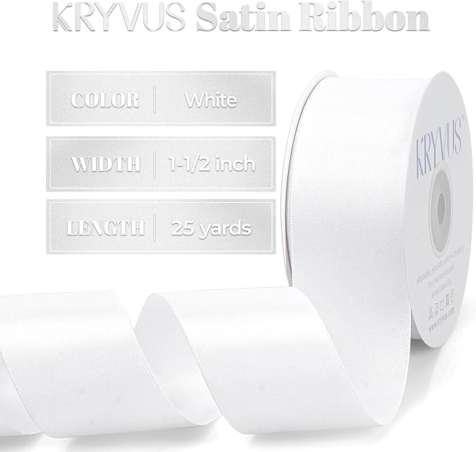White Satin Ribbon, Double Faced 1-1/2 Inch X 25 Yards White Ribbon, Premium Satin Ribbon for Gift Wrapping, Crafts, Hair Bow Making, Sewing, Flower Bouquet, Wedding Party Decor