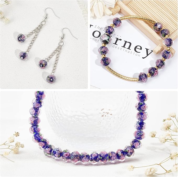PH PandaHall 60pcs 8~10mm Midnight Blue Rose Lampwork Beads Gold Sand Glass Beads 2mm Hole Flower Glass Beads Floral Handmade Lampwork Beads Round Loose Beads for Rosary Making Jewelry Craft Making