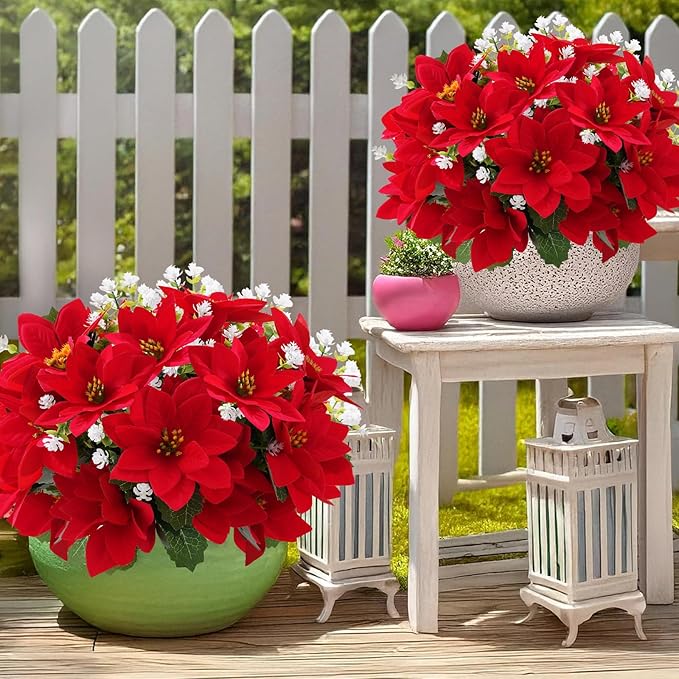 12 Bunches Poinsettias Artificial Christmas Flowers for Outdoors,14'' Fake Red Poinsettias Faux Eucalyptus Plants UV Resistant for Home Planters Garden Porch Christmas Winter Spring Décor