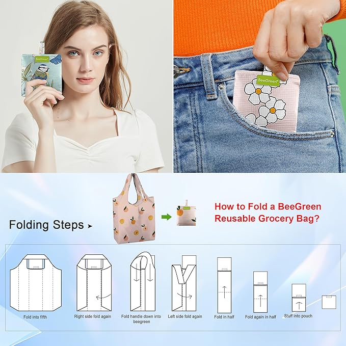 BeeGreen Flower Reusable Shopping Bags Cute Grocery Bag 6 Pack, Christmas Gift Bags Heavy-Duty Foldable Shopping Totes for Supermarket, Work & Travel, Large Washable Polyester Tote Bag with Handles