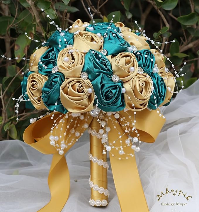 Bridal Wedding Bouquet Round Bling Brooch Bouquet Throw Toss Artificial Rose Flower Bunch for Bride Bridesmaid Wedding Quinceanera(Dark Green & Gold, 8.7")