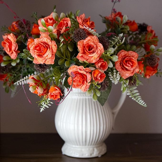 3 Bundles Fall Artificial Flowers Bouquet, Fake Roses Bouquet for Centerpiece Table Wedding Party Home Decor (Orange)