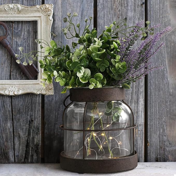 Vintage Glass Farmhouse Vase, Rustic Lantern Decor with Plants Lavenders Lights Vintage Style Vase for Home Decor Floral Arrangement Housewarming Hostess Gift