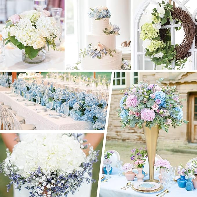 Waipfaru 4Pcs Real Touch Hydrangea Artificial Flowers, Green & White Fake Hydrangea Flowers, 21" Lifelike Latex Faux Hydrangea Flowers for Wedding Bouquet Home Decor Centerpieces