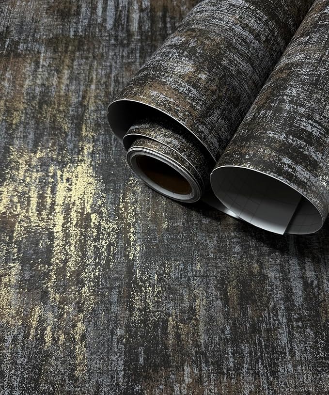 AM1NAH Vintage Metallic Distressed Wallpaper 17.7" X 236" Charcoal Gold Industrial Textured Concrete Wall Paper for Home Office Coffee Shop