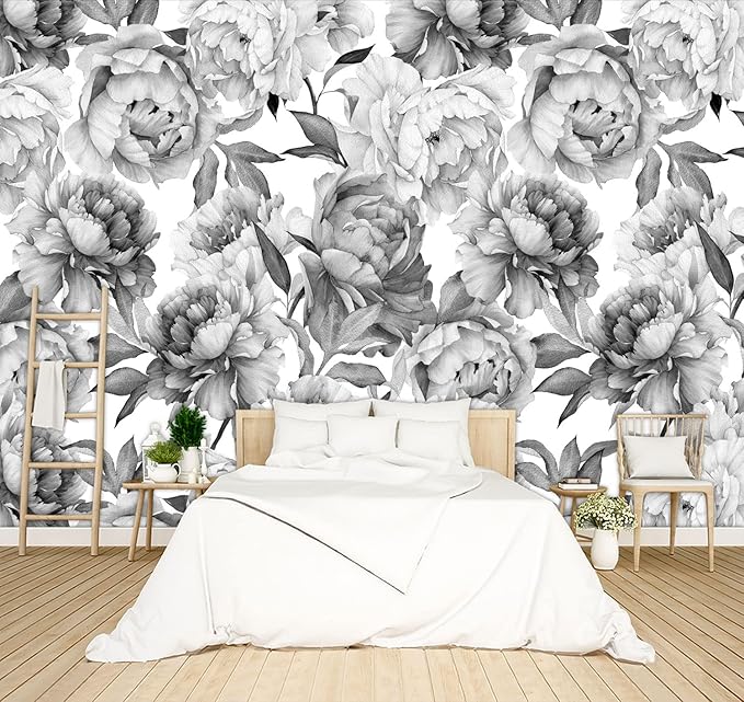 Grey Peony Floral Wallpaper Bedroom Black and White Botanical Flowers Leaf murals Aesthetic Room Decor Living Room tv Background Large Wall Mural - 91"x65" Not Peel and Stick