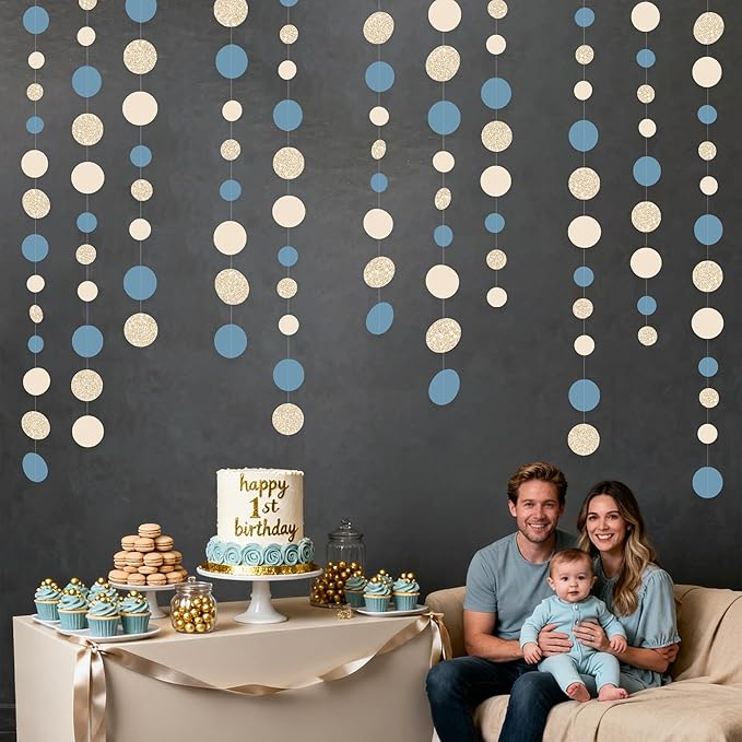 Champagne Gold Dusty Blue Beige Circle Dot Garland Hanging Paper Polka Dot Streamer for Men Boy Birthday Baby Shower Wedding Bridal Shower Retirement Engagement Bachelorette Party Decorations Supplies