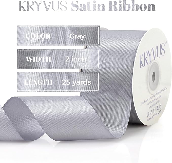 Gray Satin Ribbon, Double Faced 2 Inch X 25 Yards Gray Ribbon, Premium Satin Ribbon for Gift Wrapping, Crafts, Hair Bow Making, Sewing, Flower Bouquet, Wedding Party Decor