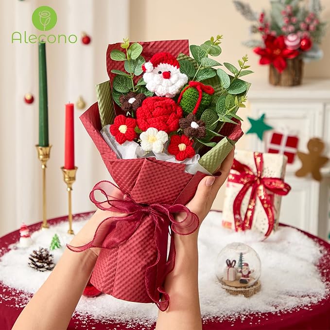 Alecono Crochet Flower Bouquet, Christmas Knitted Flowers, Red Handmade Father Christmas Santa Claus Bouquet of Flowers for Kids Festival Gifts (Include Card)
