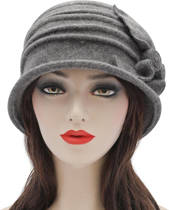 ZLYC Women Wool Cloche Bucket Hat 1920s Vintage Dress Winter Hats with Flower Accent
