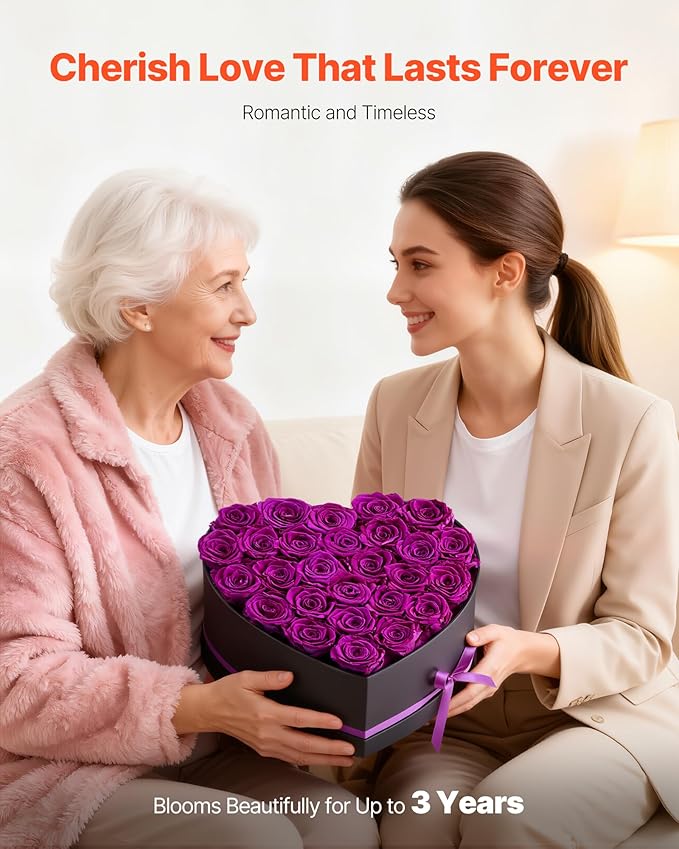 VEVOR Forever Flowers, 27 Preserved Roses in Heart Shape Box, Eternal Flowers Immortal Bouquet Birthday Present for Women Her Wife Mothers, Anniversary, Valentine's Day,Christmas, Purple