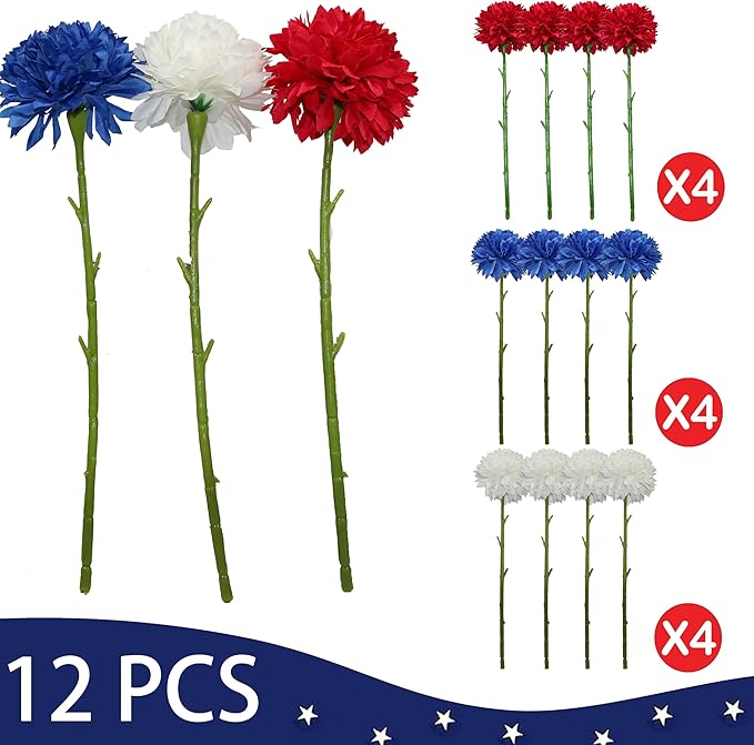Tinsow 12 pcs Artificial Flower Patriotic Memorial Bouquet Red White and Blue Faux Ball Chrysanthemum Bouquet 4th of July Flowers Silk Flowers Arrangement for Home Party Centerpiece Vase Decor