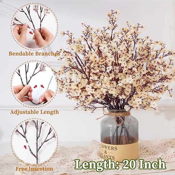 Yastouay 5 Pcs Fake Flowers Artificial Flowers, Real Touch Silk Flowers Faux Artificial Flowers for Decorations, Champagne Babys Breath Artificial Flowers Bulk for Spring Decor Floral Arrangement