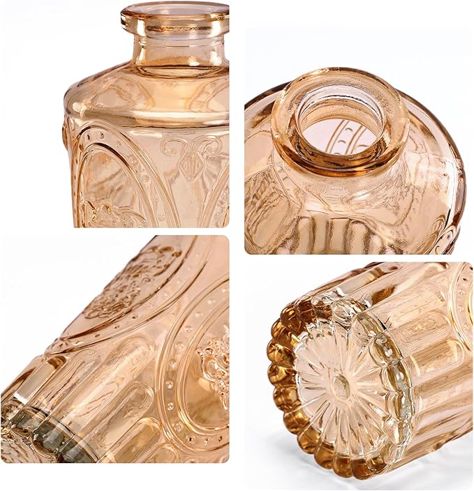 Amber Glass Vase Set of 12, Clear Bud Vases in Bulk, Mini Vases for Flowers, Small Flower Vases for Centerpieces, Vintage Decorative Embossed Vase for Home Decor, Wedding Table Decoration